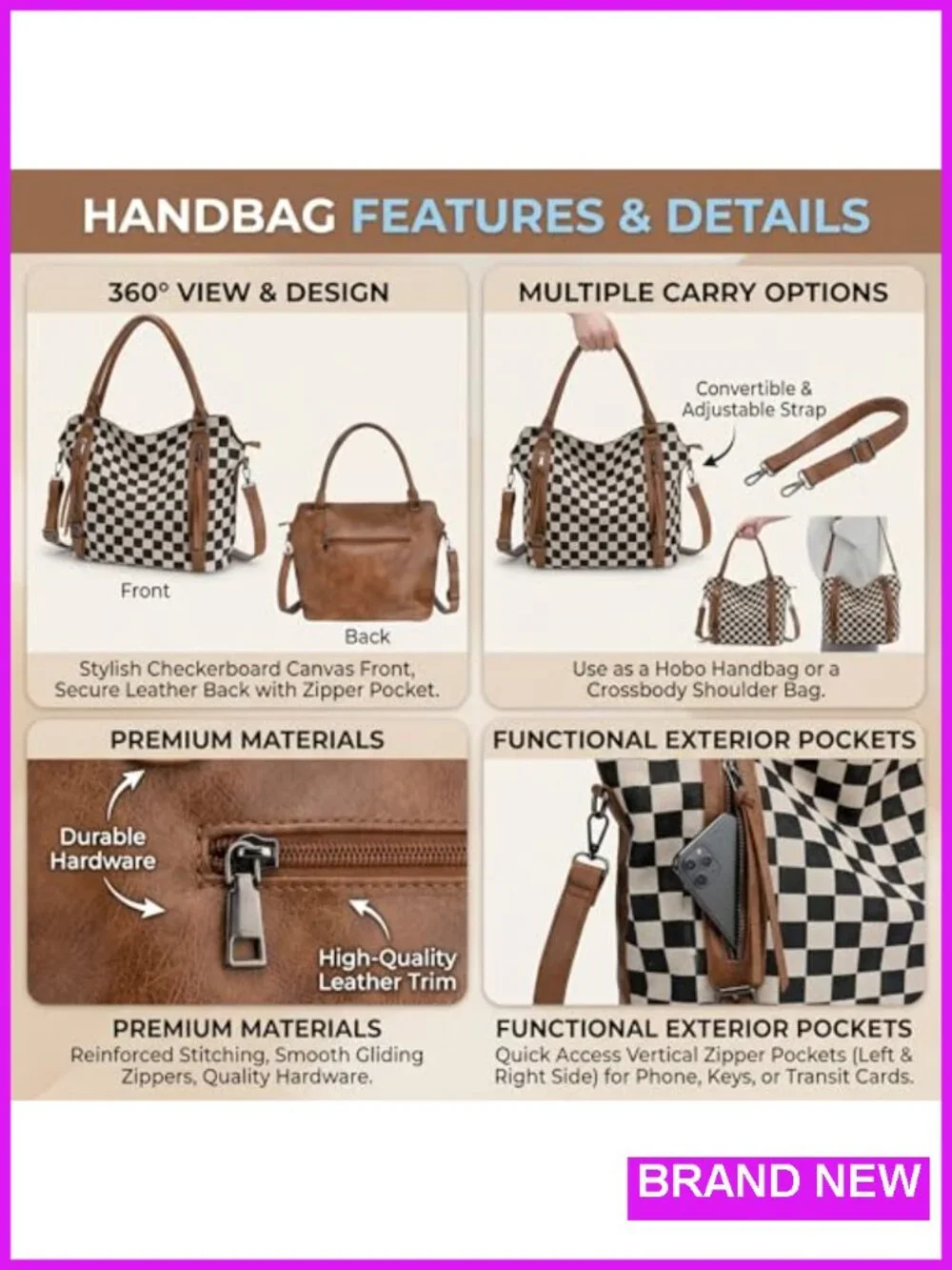 Vintage Checkered Crossbody Bag with Wallet and Cherry Charm